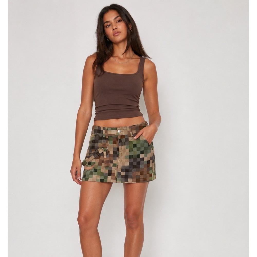 Fashion Nova Mindcraft Mini Skirt Womens Small Green Brown 100% Cotton NEW‎